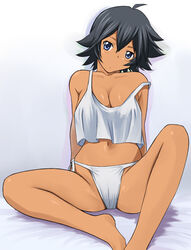 2010 bare_shoulders barefoot black_hair blue_eyes breasts cleavage clothing dark-skinned_female dark_skin female flapper_shirt ikkitousen ikkitousen_dragon_destiny katatsuka_kouji large_breasts navel no_bra panties short_hair side-tie_panties sitting solo spread_legs strap_slip string_panties ukitsu_(ikkitousen) underwear