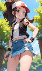 1girls ai_generated alternative_fashion blue_eyes denim denim_skirt female hilda_(pokemon) jean_skirt pantyshot pink_panties pokemon pokemon_bw ponytail smile upskirt