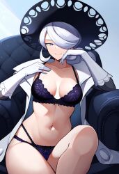 ai_generated boobs bra breasts cogita_(pokemon) female female_only hat nai_diffusion nintendo panties pokemon solo stable_diffusion white_hair white_skin