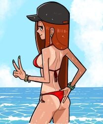 1girls auburn_hair bikini cap disney female female_focus female_only gravity_falls long_hair looking_at_viewer looking_back n___k___m rear_view red_hair tan tan_body tan_skin tanline v wendy_corduroy