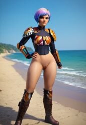 1girls ai_generated beach mandalorian_armor outdoors outside pussy sabine_wren solo solo_focus standing star_wars star_wars_rebels