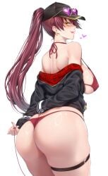 :p ass ass_focus baseball_cap bikini black_hat black_jacket blush breasts clothes_pull covered_nipples eyewear_on_headwear female from_behind hat heart heart-shaped_eyewear highres hololive houshou_marine jacket jacket_pull large_breasts long_hair long_sleeves ponytail red_bikini red_eyes red_hair simple_background smile solo standing swimsuit thigh_strap tongue tongue_out virtual_youtuber white_background yellow_eyes zucchini