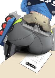 absurdres artist_request ass ass_focus female grey_pants handlebar handles highres lower_body pants paper police police_uniform shadow simple_background sitting solo table thighs uniform white_background wo_shige_lu_chile_ni zenless_zone_zero zhu_yuan