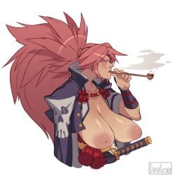 areolae baiken big_breasts breasts breasts_out busty dieselbrain female female_focus female_only guilty_gear inverted_nipples large_breasts long_hair pink_hair ponytail sagging_breasts tagme