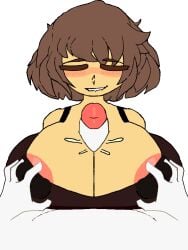 1girls animated animated_gif areolae beat_banger biting_lip black_bra blush bra brown_hair closed_eyes female_frisk female_frisk_(undertale) frisk gif hands_on_breasts paizuri reskin titjob toriel_beat_banger undertale yellow_skin