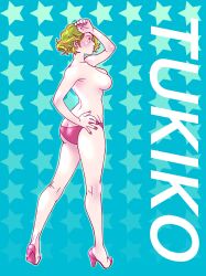 ass benrinnes_maiko blonde_hair blue_background butt_crack female female_only full_body gintama hand_on_hip high_heels medium_breasts pale-skinned_female pale_skin panties pink_panties profile short_hair sideboob solo standing topless topless_female tsukuyo