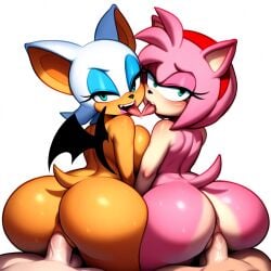 2boys 2girls ai_generated amy_rose anthro ass bat bat_wings bisexual bisexual_(female) breasts cold_shrike eyelashes eyeshadow female foursome french_kiss girl_on_top headband hedgehog human human_on_anthro kissing large_breasts looking_at_viewer looking_back male multiple_boys multiple_girls novelai nude pink_body rouge_the_bat sega self_upload sex sonic_(series) sonic_the_hedgehog_(series) tail vagina vaginal_penetration white_background white_fur