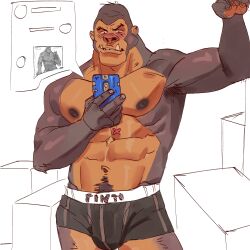 2022 abs absurd_res anthro ape armpit_hair biceps black_boxer_briefs black_clothing black_underwear blush body_hair boxer_briefs boxer_briefs_only bulge cellphone clothed clothing deltoids electronics excited gorilla haplorhine hi_res holding_cellphone holding_object holding_phone holding_smartphone inside male mammal manly maruikito muscular navel nipples pecs phone primate pubes raised_arm smartphone solo standing topless triceps tusks underwear underwear_only