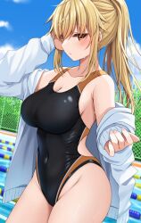 arm_behind_head armpits bare_shoulders black_one-piece_swimsuit blonde_hair blue_sky breasts chain-link_fence cleavage closed_mouth cloud collarbone commentary_request covered_navel day female fence hair_between_eyes jacket komori_kuzuyu large_breasts long_sleeves nao_(kuzuyu) off_shoulder one-piece_swimsuit open_clothes open_jacket orange_eyes original outdoors ponytail pool poolside puffy_long_sleeves puffy_sleeves sky solo swimsuit white_jacket