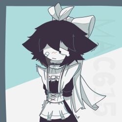 1boy abbie_(fundamental_paper_education) big_bow blush embarrassed femboy feminine feminine_male fundamental_paper_education girly girly_boy long_hair maid maid_uniform plaster tear twitching watermark