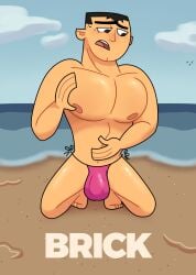 1boy beach brick_(tdi) clothing embarrassed gay light-skinned_male light_skin male male_only muscular muscular_male total_drama:_revenge_of_the_island total_drama_island underwear water weasdepiro