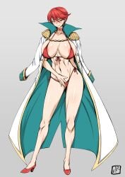 1girl areola_slip bikini blush_breasts choker coat coat_on_shoulders code_geass donson embarrassed high_heels highres large_breasts micro_bikini narah_vaughn navel neck_collar red_bikini red_hair red_high_heels short_hair solo sweatdrop swimsuit yellow_eyes