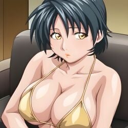 1girls ai_generated arm_support bare_chest bare_shoulders bible_black bible_black_only big_breasts black_hair blush bra breasts breasts_bigger_than_head busty cleavage collarbone couch embarrassed huge_breasts indoors kpchiken large_breasts lipstick looking_away looking_to_the_side makeup mature mature_female milf minase_yukiko oppai pinup sagging_breasts sitting_on_couch teacher underwear underwear_only voluptuous yellow_eyes