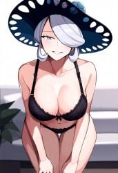 ai_generated boobs bra breasts cleavage cogita_(pokemon) female female_only hat nai_diffusion nintendo panties pokemon solo stable_diffusion white_hair white_skin