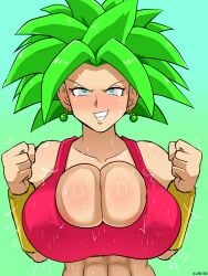 3girls big_breasts bitch bodysuit breasts breasts_bigger_than_head caulifla dragon_ball dragon_ball_(series) dragon_ball_super earrings f female female_only green_hair jam_568 jewelry kale kefla large_breasts multiple_girls muscular muscular_female pervert potara potara_earrings potara_fusion smile solo solo_female