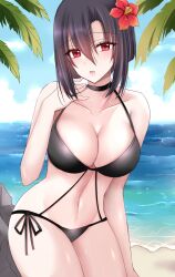 1girls alternate_costume bare_arms bare_midriff bare_thighs beach bikini black_bikini black_hair black_swimsuit breasts cleavage female female_only fire_emblem fire_emblem_engage flower hair_flower kirishima_riona large_breasts looking_at_viewer midriff nel_(fire_emblem) nintendo ocean open_mouth outdoors red_eyes short_hair solo swimsuit thighs