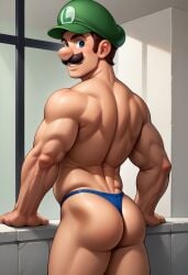 1boy ai_generated ass blue_eyes blue_thong brown_hair daddy facial_hair green_hat human hunk indoors looking_back luigi male male_only mario_(series) moustache muscular muscular_male nintendo smile solo solo_male thong window