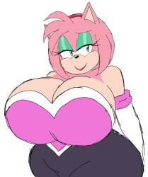 amy_rose bodysuit curvy_female horny_female huge_breasts makeup momiji_(artist) neckline rouge_the_bat_(cosplay) seductive_look smile sonic_(series) spandex_suit thick_thighs