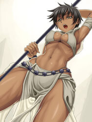 angelica_(samurai_shodown) armpits arms_up bandage bandages breasts brown_eyes brown_hair cleavage curvy dark_skin erect_nipples highres hips loincloth midriff muscle navel open_mouth samurai_shodown short_hair shunzou staff underboob wide_hips wristband