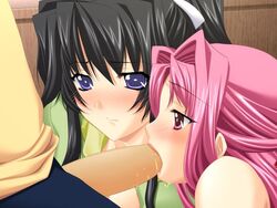 2girls black_hair blush breasts fellatio green_eyes oral penis pink_hair pururun_cafe sumeragi_kohaku takahara_mitsuki takeuchi_narumi