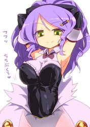 1girls adjusting_hair armpits arms_up breasts chandelure costume dress elbow_gloves female gloves hair_ornament hair_ribbon hairclip homura_subaru large_breasts long_hair personification pokemon purple_hair ribbon see-through simple_background skirt smile solo standing yellow_eyes