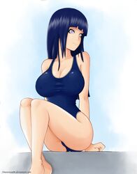 arms_behind_back blue_hair breasts cleavage crossed_ankles evildei female human hyuuga_hinata large_breasts lavender_eyes long_hair naruto naruto_shippuden nonude one-piece_swimsuit purple_eyes school_swimsuit sitting solo swimsuit