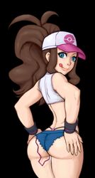 ass baseball_cap blue_eyes brown_hair colored dat_ass female female_only hand_on_hip highleg hilda_(pokemon) huge_ass human legoman lips long_hair looking_at_viewer looking_back naughty_face panties panties_visible pokemon pokemon_bw ponytail pussy_juice shirt shorts solo standing thong thong_above_shorts thong_straps tied_hair tongue vibrator whale_tail wide_hips