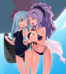 2girls :d arm_between_breasts between_breasts bikini blue_hair blush breasts cameltoe chandelure erect_nipples female female_only hair_ornament highres holding homura_subaru hydreigon large_breasts long_hair multiple_females navel nintendo one-piece_swimsuit open_mouth personification pokemon pokemon_bw ponytail purple_hair red_eyes revision smile swimsuit tied_hair towel wet yellow_eyes yuri