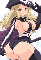 arm_up ass black_legwear blonde_hair blush breasts cape cleavage detached_sleeves elbow_gloves female from_behind gloves hand_on_hat hat heart huge_ass kihaiu large_breasts long_hair looking_at_viewer looking_back pirate_hat red_eyes senran_kagura senran_kagura_shinovi_versus shiki_(senran_kagura) simple_background skull smile solo thighhighs wedgie