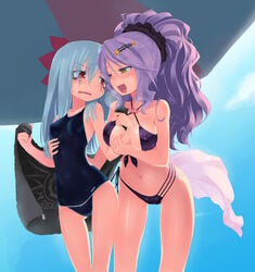 2girls :d arm_between_breasts between_breasts bikini blue_hair blush breasts cameltoe chandelure erect_nipples female female_only hair_ornament highres holding homura_subaru hydreigon long_hair multiple_females multiple_girls navel nipples_visible_through_clothing one-piece_swimsuit open_mouth personification pokemon pokemon_bw ponytail purple_hair red_eyes revision smile swimsuit tied_hair towel wet yellow_eyes yuri