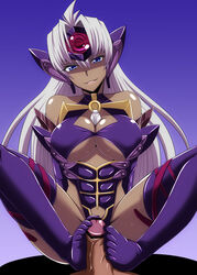 blue_eyes breasts censored cyborg dark_skin elbow_gloves footjob gloves legs long_hair looking_at_viewer open_mouth penis purple_legwear silver_hair sweat t-elos thighhighs underboob xenosaga zerosu_(take_out)