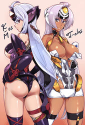 2girls android ass bare_shoulders breasts cleavage collarbone cosplay costume_switch dark-skinned_female dark_skin elbow_gloves female fingerless_gloves gloves gynoid hands_on_hips highres hijiri kos-mos large_breasts long_hair looking_at_viewer looking_back lowleg lowleg_skirt multiple_girls purple_hair red_eyes shiny shiny_skin short_skirt siblings silver_hair sisters smile t-elos thighhighs underboob very_long_hair xenosaga