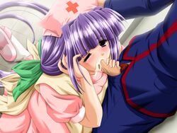 blush breasts cum cum_in_mouth fellatio female igarashi_yuna kango_shichauzo kango_shichauzo_2 nurse nurse_hat oral penis purple_eyes purple_hair uncensored