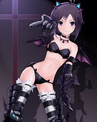 animal_ear antenna_hair armband armor bat_wings bikini black_hair black_panties choker elbow_gloves fake_animal_ear frills gloves heart highres idolmaster kikuchi_makoto looking_at_viewer makoto_kikuchi meteors midriff navel nightmare_blood panties pointing purple_hair shadow short_hair solo striped striped_legwear swimsuit thighhighs wings