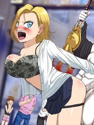 abs android_18 areola bleach blonde_hair blood blue_eyes bra breast_slip breasts busty cleavage crossover defeated dragon_ball dragon_ball_z earrings erect_nipples exhibitionism female guro helpless human injury kurotsuchi_mayuri large_breasts male mayuri_kurotsuchi milf nipples open_clothes open_mouth public public_sex rape saliva screaming sex stabbed straight sword tear violence voluptuous weapon