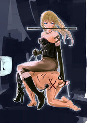 1boy 1girls abuse barefoot blonde_hair blue_eyes bondage character_request cum cumdrip female femdom leash male penis riding riding_boots riding_crop shida_(ddfd) sitting_on_person spurs