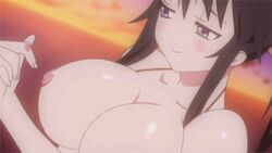 animated animated blush breast_lift breast_poke brown_hair huge_breasts kanokon minamoto_chizuru naughty_face nipple_tweak nipples no_nose screencap smile