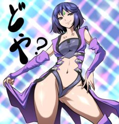 aguija blue_hair breasts collarbone detached_sleeves forehead_jewel hair kara_age large_breasts midriff navel short_hair simple_background smirk super_robot_wars super_robot_wars_original_generation thick_thighs thighs