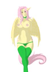 2012 anthro big_breasts blue_eyes blush breasts collar equine female fluttershy_(mlp) friendship_is_magic hair hi_res horse long_hair looking_at_viewer my_little_pony navel nipples omnoproxy omnoproxyl337 panties pegasus pink_hair pink_nipples pony ricofox smile solo standing stockings straight_hair thighs topless underwear wings yellow_feathers yellow_skin