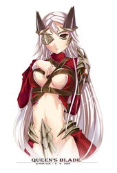 2009 aldra asskiler beltbra breasts cleavage eye_patch gold_eyes hair highres large_breasts long_hair midriff navel oppai queen's_blade silver_hair