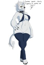 2012 ? alpha_channel anthro black_nose canine claws cleavage collar english_text female hair hi_res hindpaw navel omnoproxy omnoproxyl337 paws pussy ricofox short_hair skimpy solo standing stockings text thick_thighs thighs voluptuous white_fur white_hair wide_hips yellow_eyes