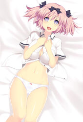 blue_eyes bow bow_panties breasts cameltoe cleavage female hairbow hibari_(senran_kagura) kyoku_tou large_breasts mound_of_venus open_mouth panties pink_hair senran_kagura shirt short_hair smile solo thigh_gap underwear white_panties