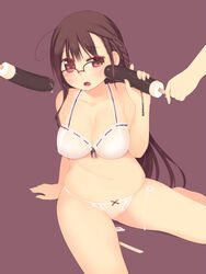 ahoge arima_senne bra braid breasts brown_hair chocolate_banana cleavage eyebrows_visible_through_hair female female_focus food glasses highres human kashiwamochi_yomogi large_breasts lingerie long_hair midriff navel original panties plump red_eyes saliva sexually_suggestive solo_focus underwear