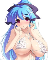 1girls bikini blue_hair blush breasts cleavage female hair_ribbon highres huge_breasts long_hair mel/a melmaid micro_bikini open_mouth original pink_eyes ponytail ribbon skindentation solo sweat tied_hair underboob