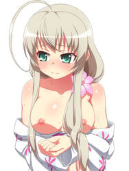 1girls ahoge bare_shoulders blush breasts breasts_out female flower green_eyes hair_flower hair_ornament haiyore!_nyaruko-san huge_ahoge japanese_clothes kimono large_breasts long_hair nipples nyarlathotep_(nyaruko-san) off_shoulder pointy_chin shiny_skin silver_hair simple_background smile solo tachimi_(basue)