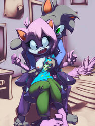 aeris_(vg_cats) anthro blue_eyes breast_fondling breast_grab breasts couple feline female fondling from_behind furry green_eyes hands_up large_breasts leo_(vg_cats) male mammal nipples open_mouth tail thefuckingdevil vg_cats