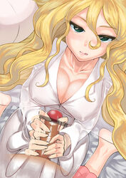 artist_request blonde_hair caitlin_(pokemon) censored cleavage cum elite_four facial female green_eyes handjob hat human long_hair male nintendo penis pokemon pokemon_bw straight tongue