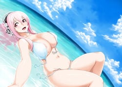 1girls areola_slip bare_shoulders bikini blush breasts cleavage female headphones highres huge_breasts looking_at_viewer lying navel nipples nitroplus open_mouth pink_eyes pink_hair solo super_sonico swimsuit tachibana_midori untied water