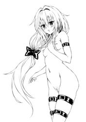 1girls akage blush bow breasts female hairbow konjiki_no_yami line_art long_hair monochrome navel nipples nude pussy solo thigh_strap to_love-ru