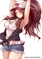 armpits arms_behind_head arms_up bad_id baseball_cap blue_eyes blush breasts brown_hair cleavage cutoffs denim denim_shorts erect_nipples face female female_only fukai_ryousuke hat hilda_(pokemon) human large_breasts long_hair nintendo pokemon pokemon_bw ponytail shorts simple_background solo taut_shirt tied_hair